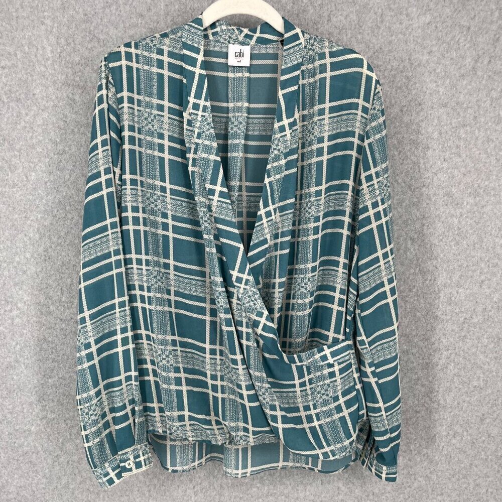 Cabi Windowpane Wrap Front Blouse Size M Teal Cream Plaid Office Work LS 3068